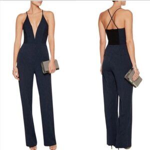 MASON navy pinstripe plunging deep V neck cross strap straight leg jumpsuit